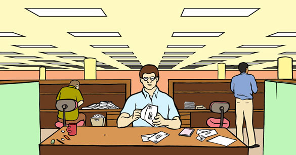 A drawing of a man stuffing letters in an office.