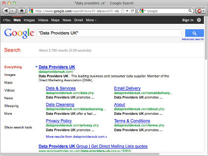 A Google-search for 'Data Providers UK'.
