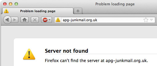 A screenshot of the 'Page not found' error visitors of apg-junkmail.org.uk are now presented with.