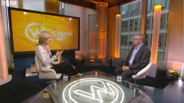 A still from Watchdog Daily showing presenter Sophie Raworth 'grilling' the chief executive of the Direct Marketing Association.