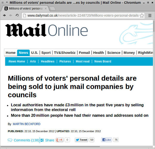 A screenshot of the latest article about junk mail in the Daily Mail. The headline reads: 'Millions of voters' personal details are being sold to junk mail companies by councils'.