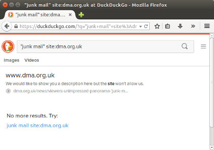 A screenshot showing no results for a search for 'junk mail' on the domain 'dma.org.uk'.