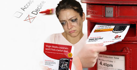 A mockup of the image used on the website of the Mailing Preference Service showing an unhappy woman with a piece of junk mail.